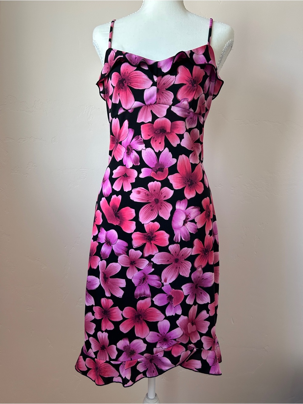 I.N. San Francisco Black Slip Dress with Pink Floral Print